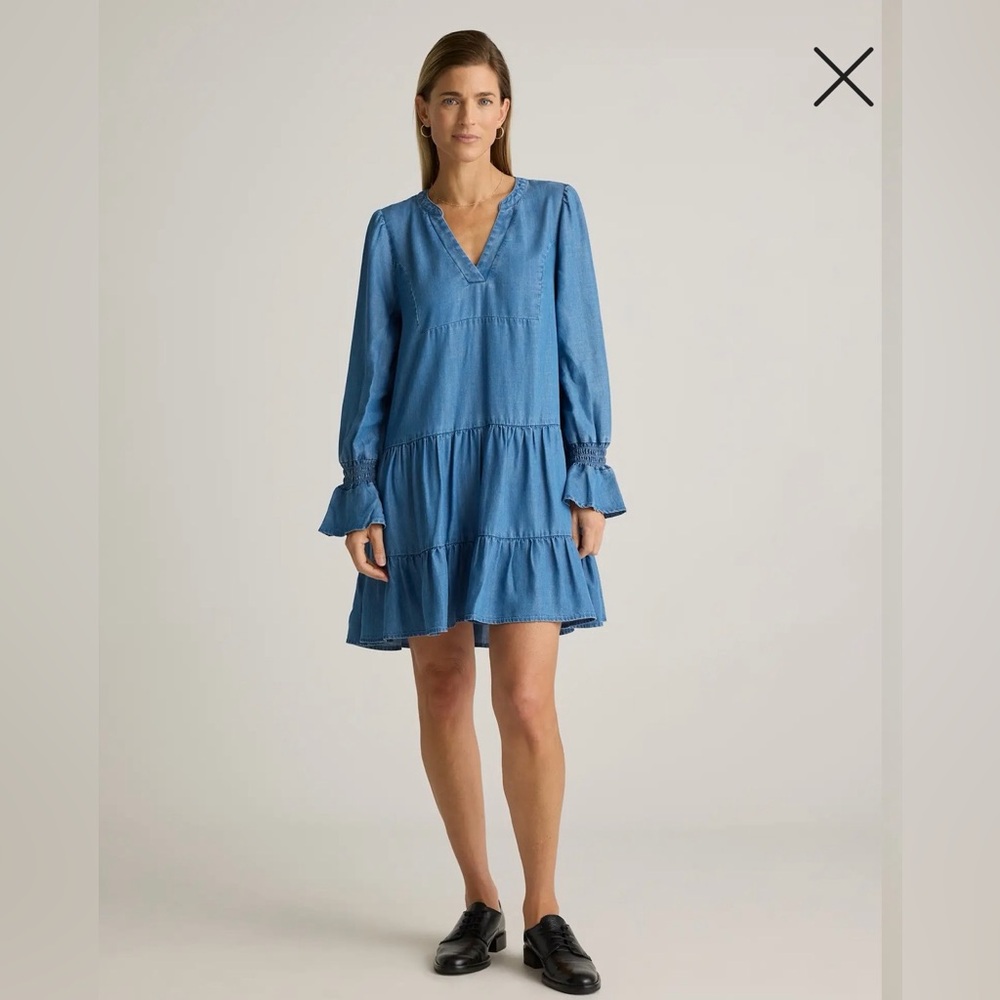 Quince Chambray Tencel Tiered long sleeve mini dress